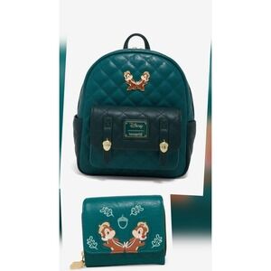 NWT Loungefly Disney Chip and Dale Forest Green Quilted Backpack & WALLET SET!